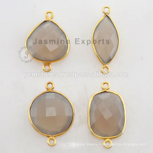 Vermeil Natural Beautiful Gray Calcedony Gemstone Bezel Connectors